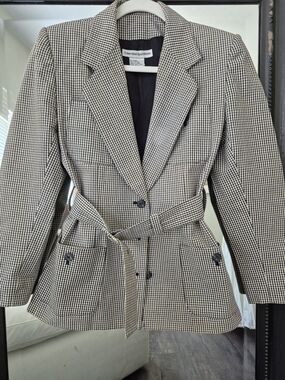 90s Vintage Calvin Klein Black & White Houndstooth Belted Blazer